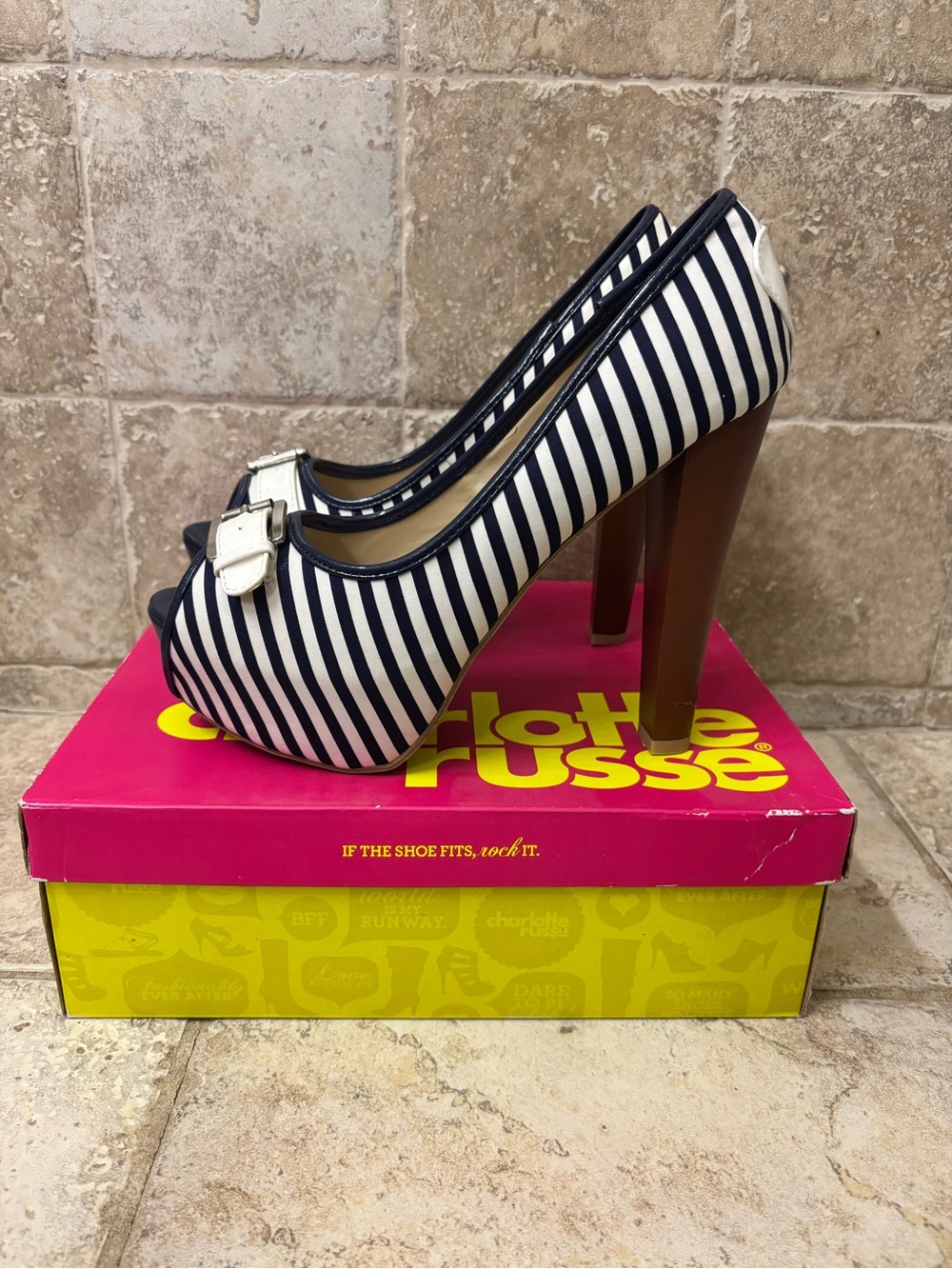 Striped Navy and White Peep-Toe Heels with Buckle - Please Read
